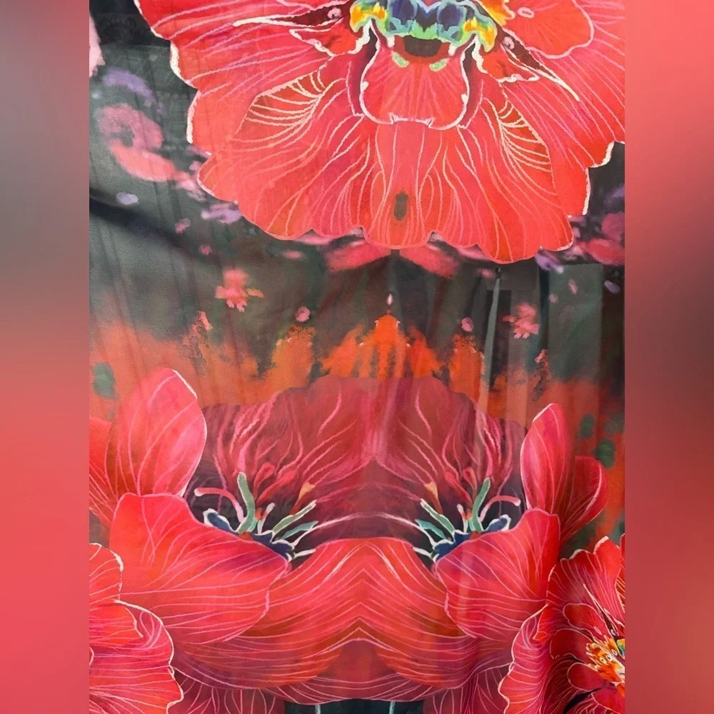 Elegant Floral Print Kaftan Oversized Maxi Kimono Tunic Poncho Coverup - Picture 14 of 14